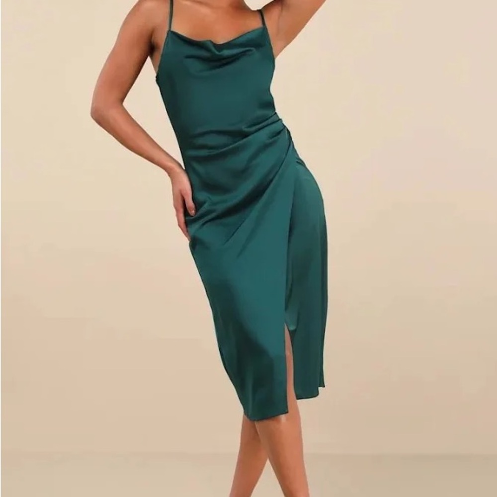 Lulu's Emerald Green Satin Slip Midi Dress